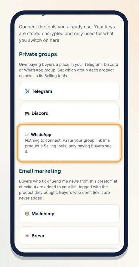 WhatsApp needs no connection; you paste the link on the product itself