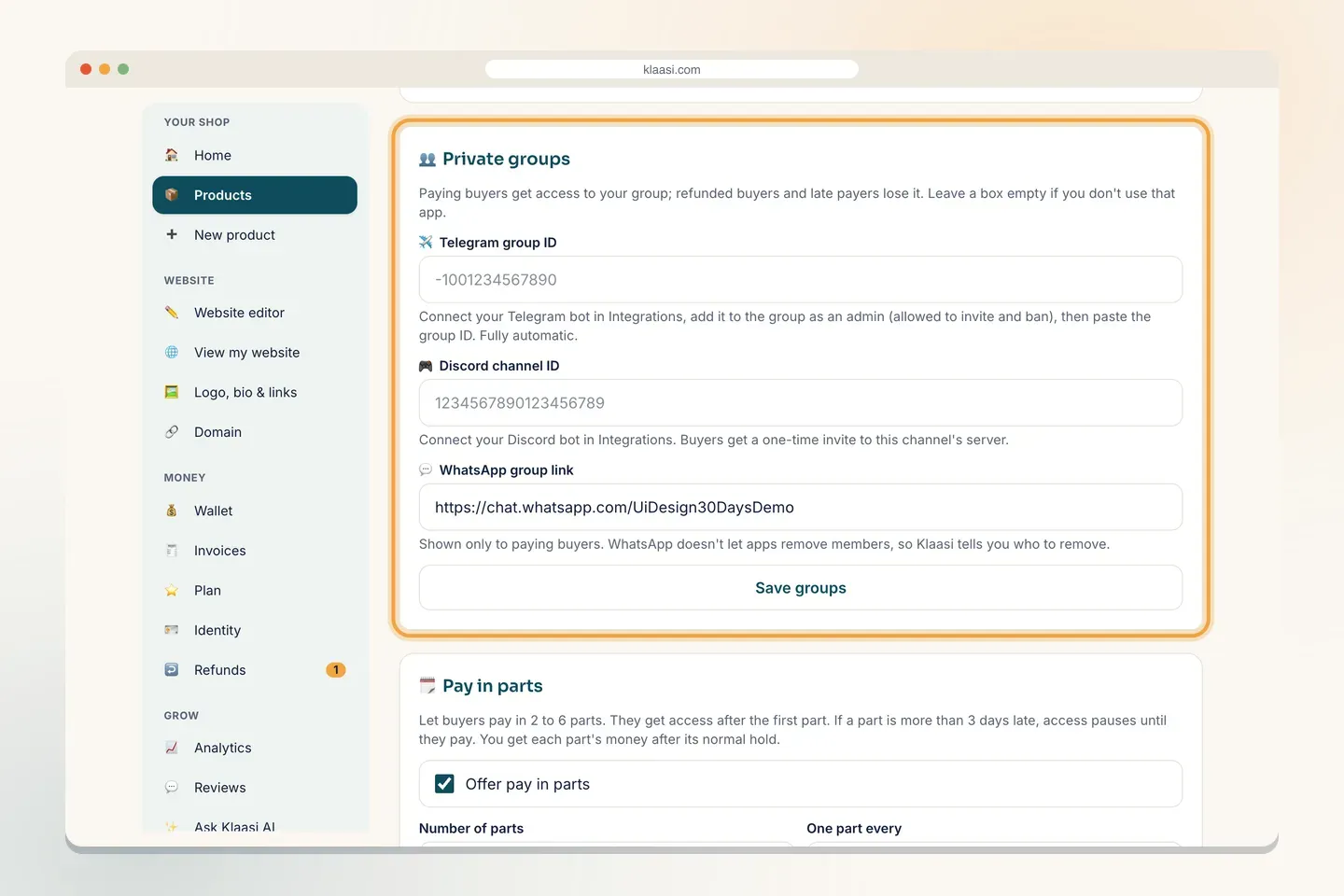 The Private groups box on a computer