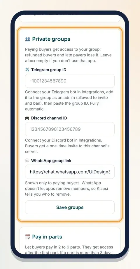 On the product's Selling tools, paste your group details and tap Save groups