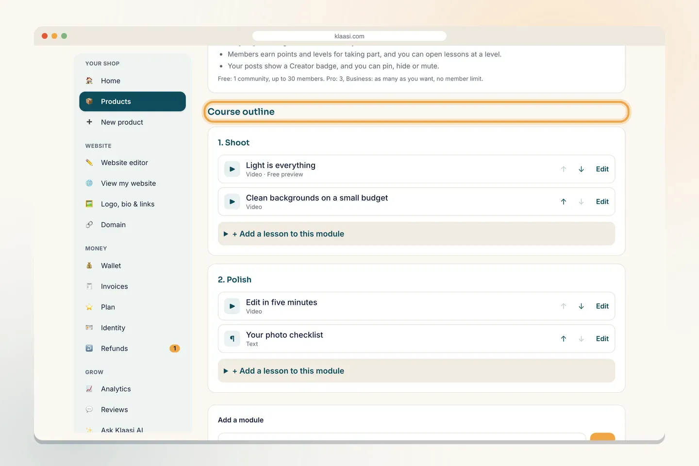 The course outline: modules with their lessons, a Free preview label and a button to add more