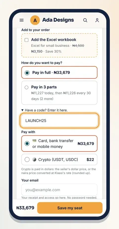 Buyers tap "Have a code? Enter it here." and type the code before they pay