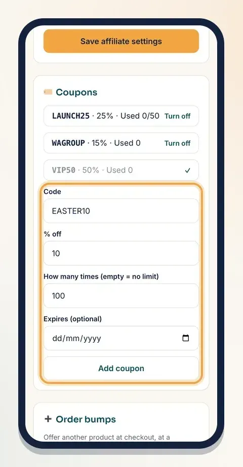 Type the code, the % off, an optional limit and end date, then tap Add coupon