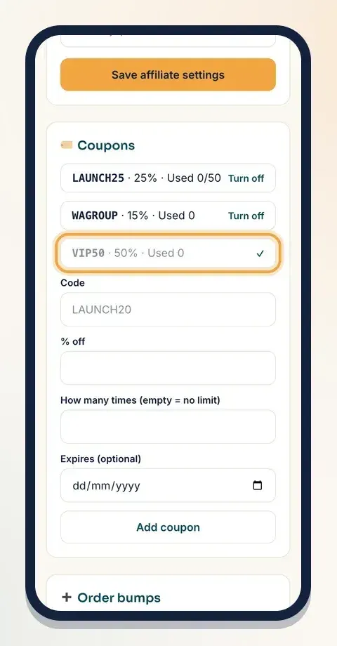 Tap Turn off to stop a code at once. Tap ✓ to switch it back on