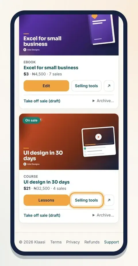 Each product has its own Selling tools page: coupons are made there