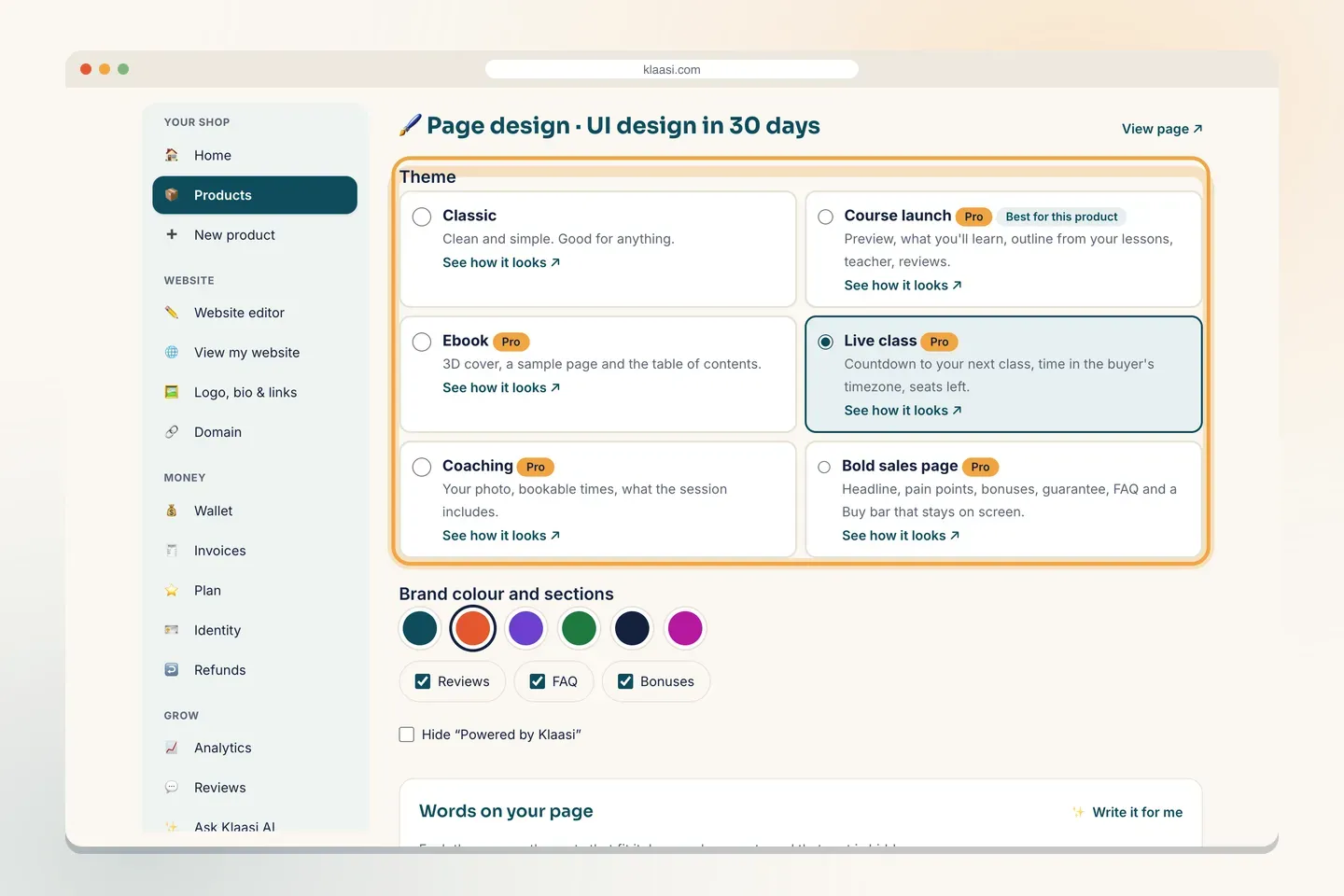 The Page design screen: 6 designs, each with See how it looks. Best for this product marks the suggested one