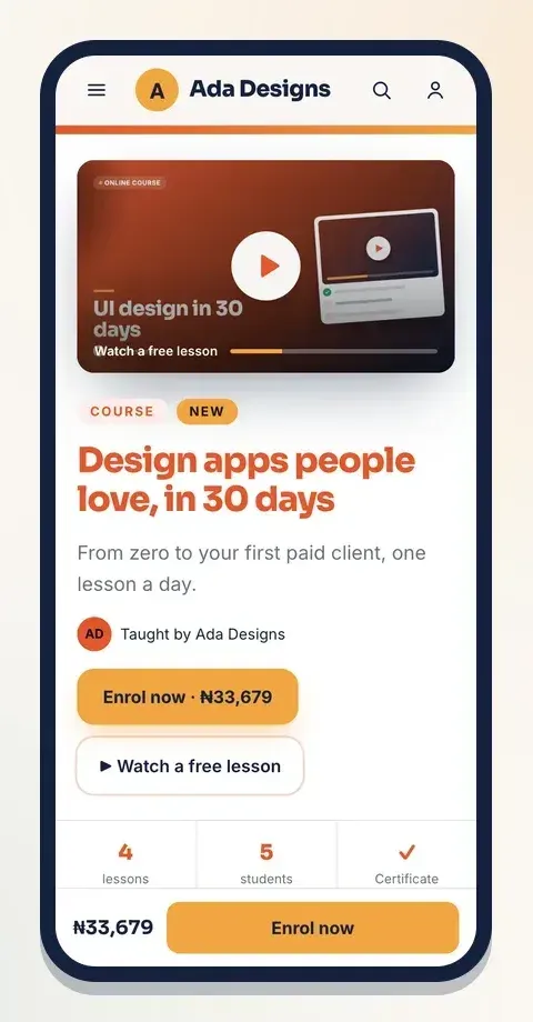 Course launch: a video player, the course headline, the price button and Watch a free lesson