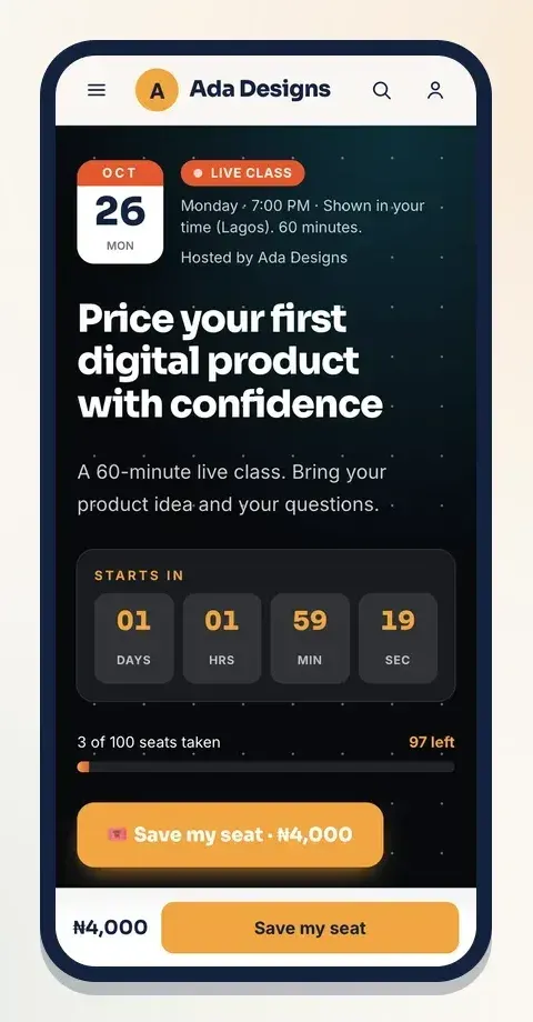 Live class: the date, a countdown and seats left, with a Save my seat button