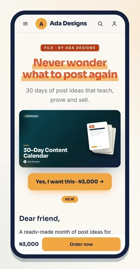 Bold sales page: a big marker headline, the price button and a Buy bar that stays on screen