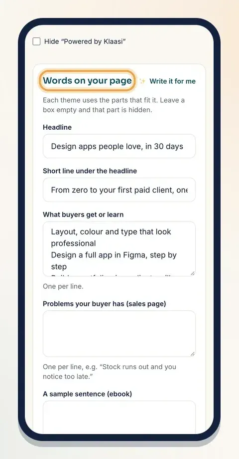 Words on your page: headline, short line, what buyers get. Write it for me drafts them with Klaasi AI