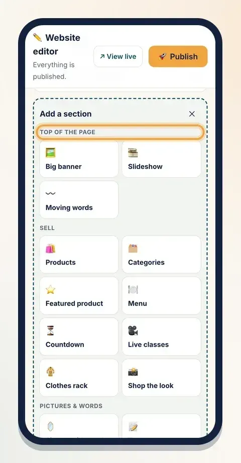 Tap Add a section to see every block you can add, grouped by what it does. On Free and Pro, a plan label marks the ones your plan doesn't include yet