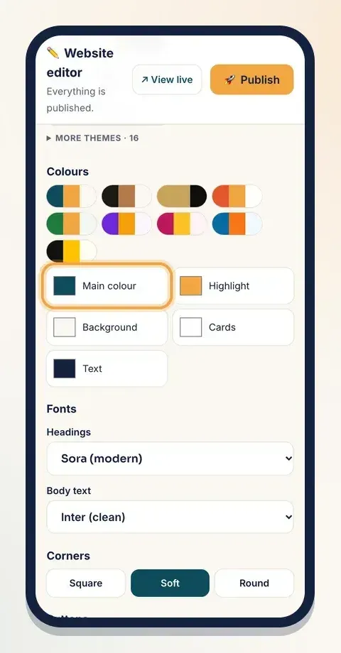 In the Design tab, tap a colour set or pick each colour yourself, then choose your fonts