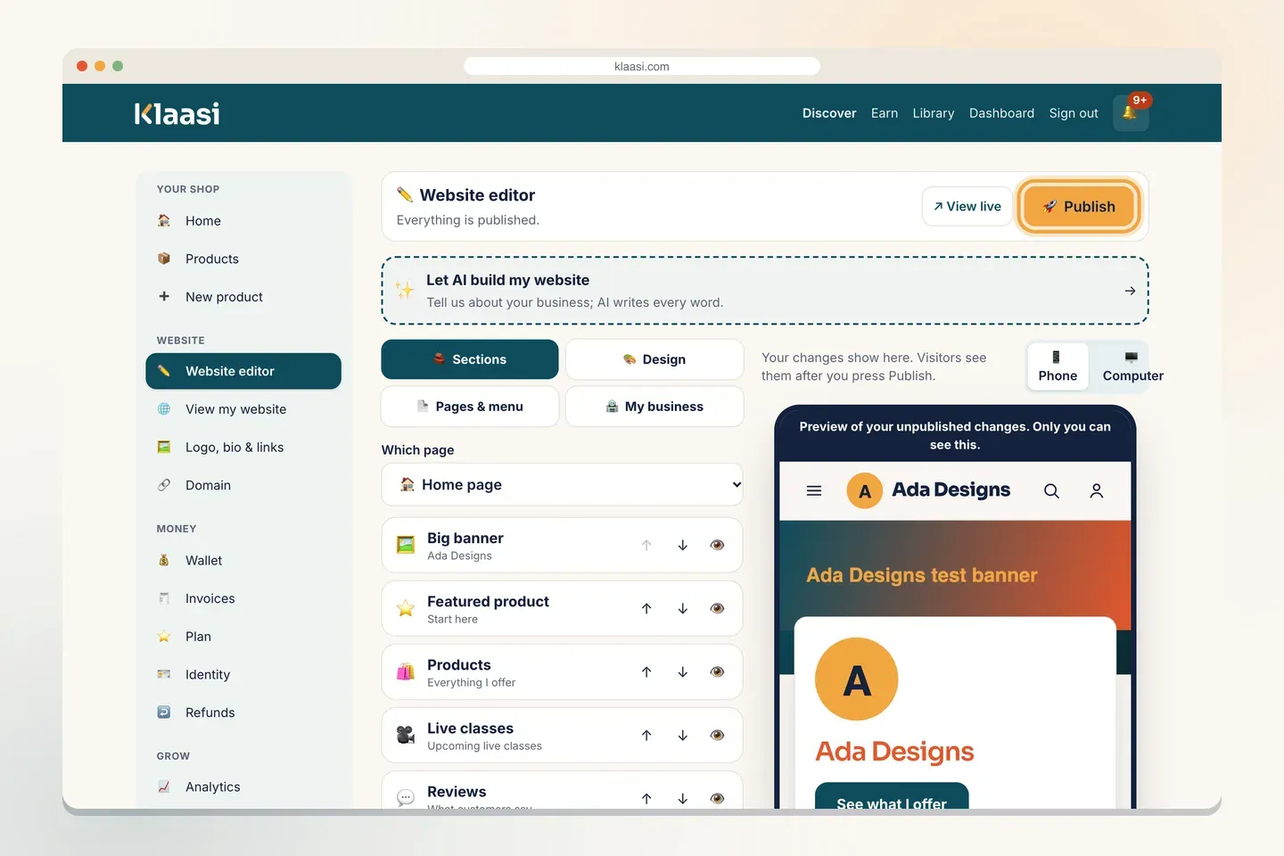 The Website editor on a computer: the list of sections on the left, the live preview on the right, and Publish at the top