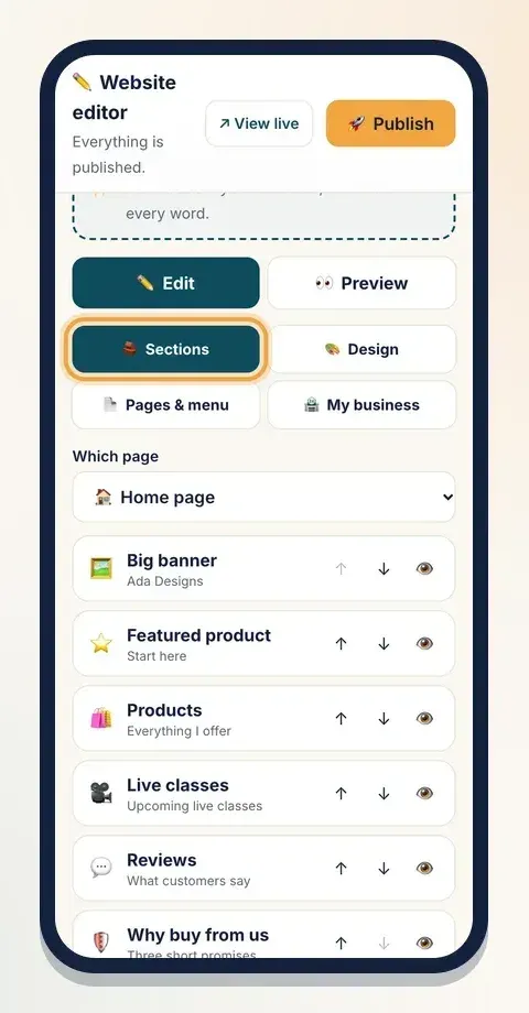 On a phone, tap Edit to see the four tabs and your list of sections