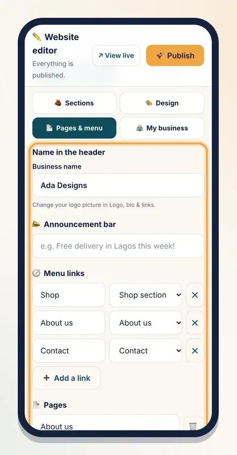 The Pages & menu tab: business name, announcement bar, menu links and your pages
