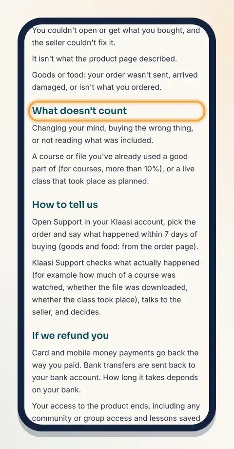 What doesn't count: a change of mind, or more than 10% of a course already used