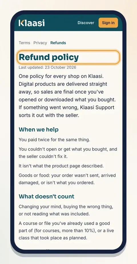 Klaasi's refund policy is the same for every shop