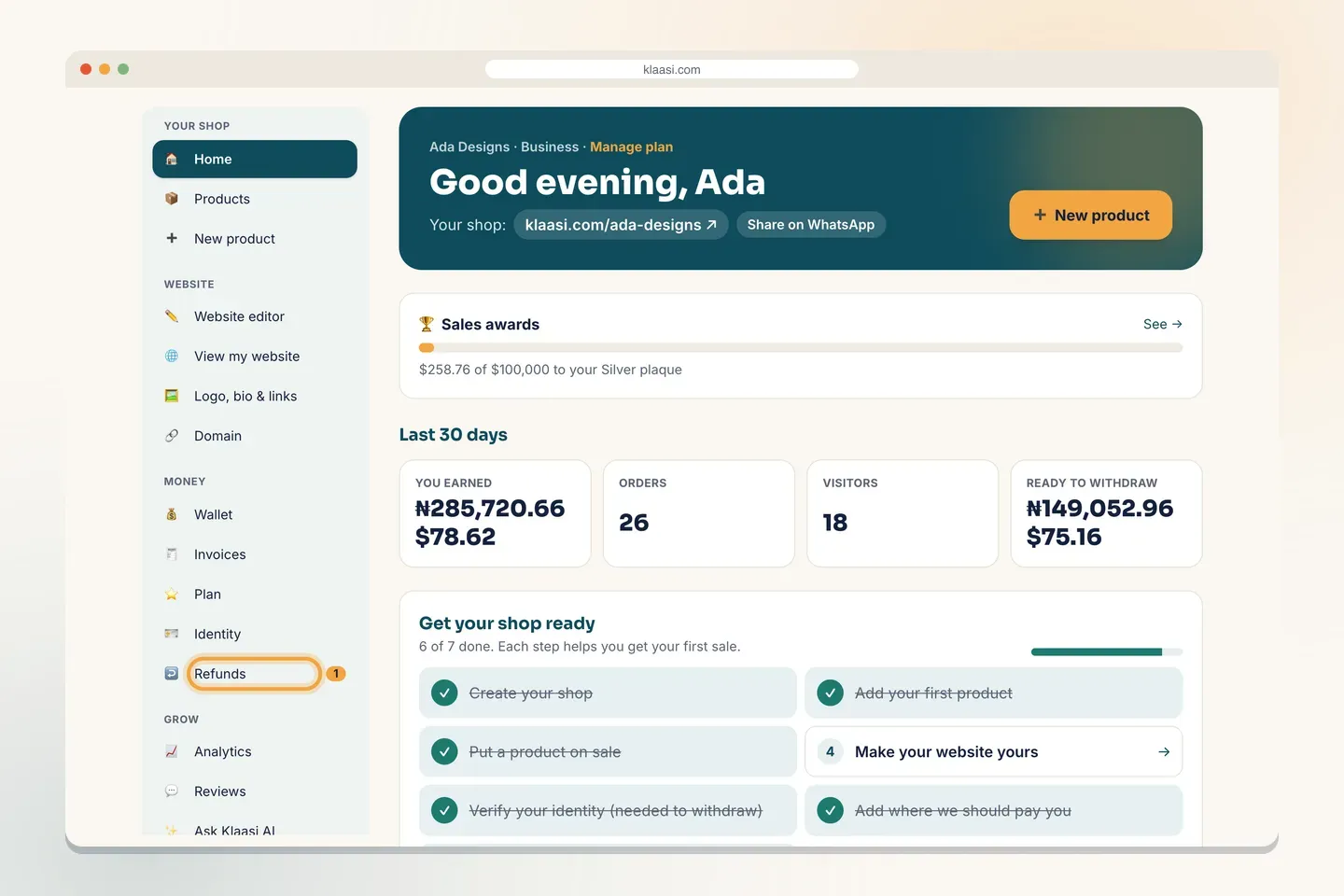 Refunds is in the Money menu, with a count of requests waiting