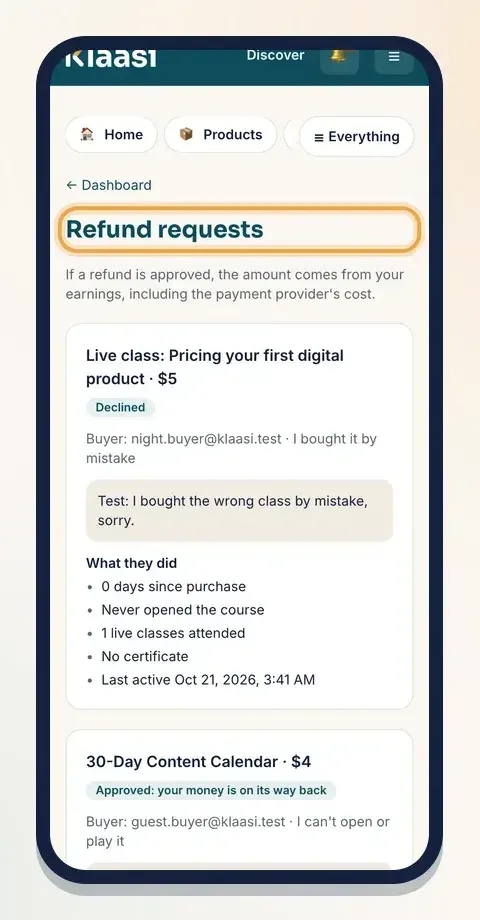 The Refund requests page lists every request with its status