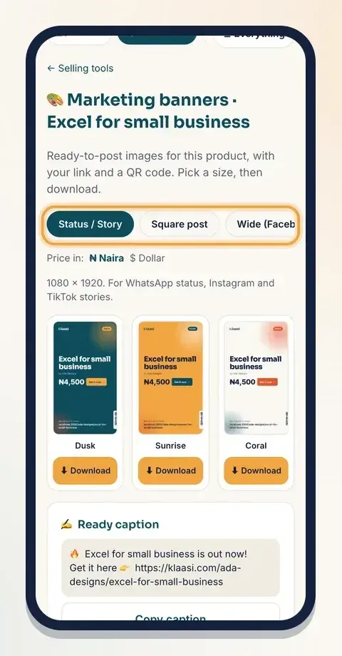 Pick a size: Status / Story, Square post, Wide or Print flyer