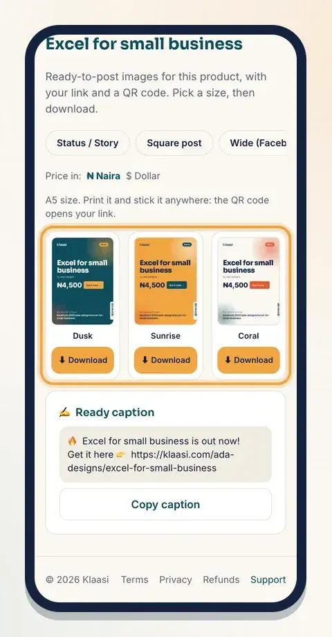 Every size comes in Dusk, Sunrise and Coral, each with its own Download button (here the Print flyer)