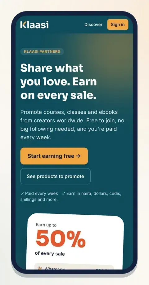 Klaasi partners promote creators' products for a commission, free to join and paid weekly