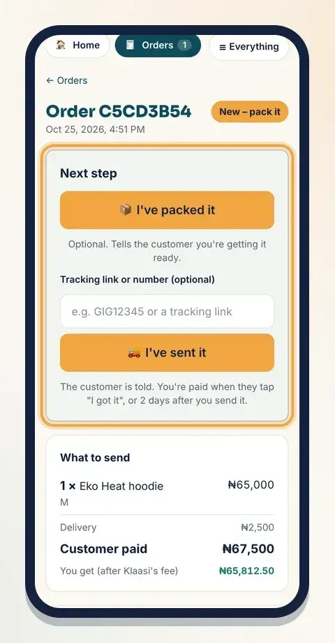 Next step: tap I've packed it, add a tracking number, then tap I've sent it