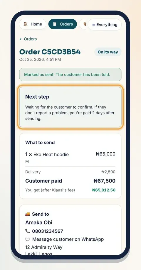 After sending, Klaasi shows how many days until your money is released