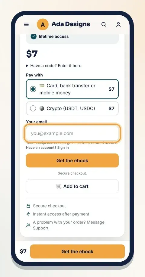 Type your email so your receipt and access reach you