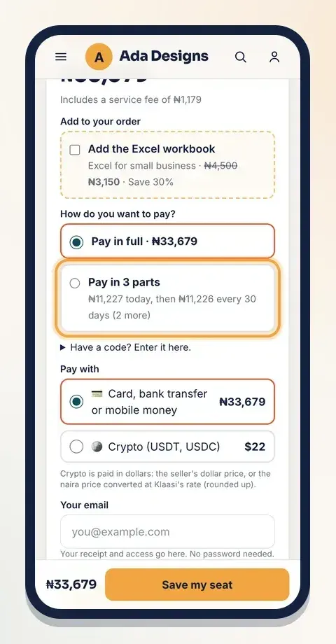 Some products let you pay in parts: you see today's amount and the parts after