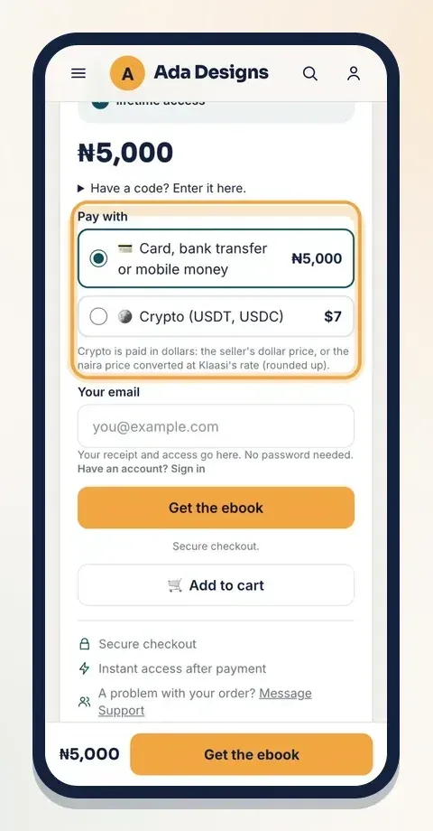 A buyer in Nigeria sees the price in naira and can pay by card, bank transfer or mobile money
