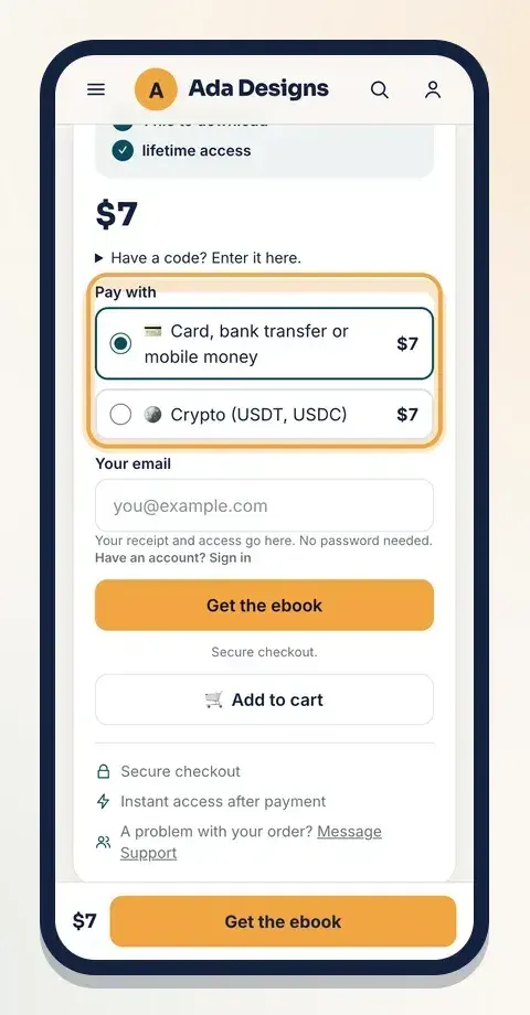 Pay with lets you choose card, bank transfer or mobile money, or crypto