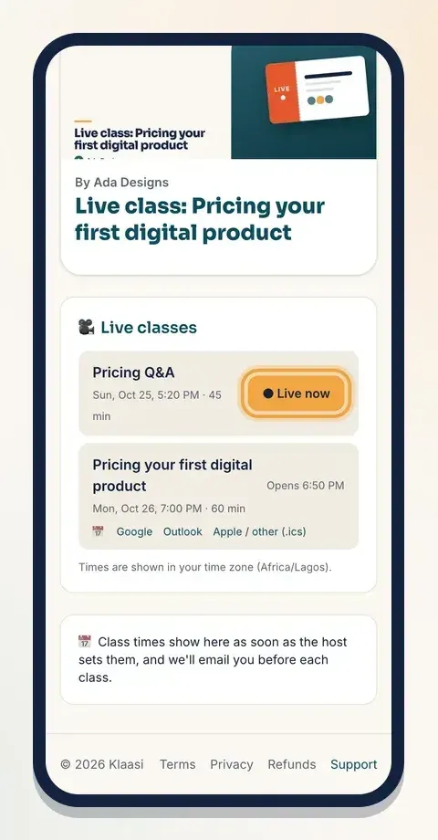 Buyers see every class time, calendar buttons, and a button to join when the room is open