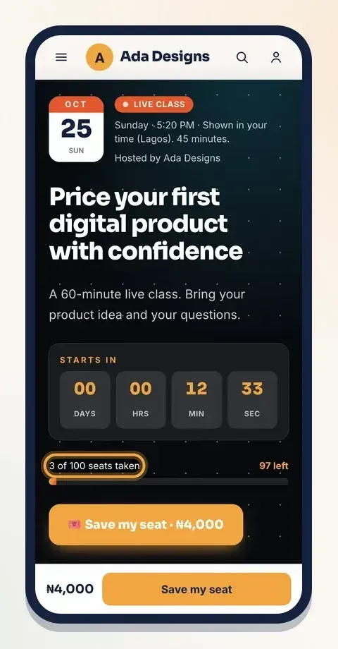 The Live class page shows the date, a countdown and seats left