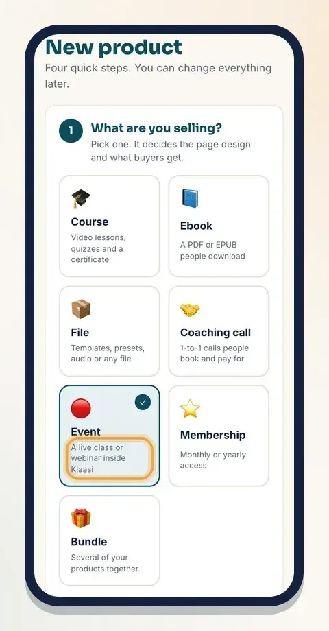 Tap Event to sell seats to a live class or webinar