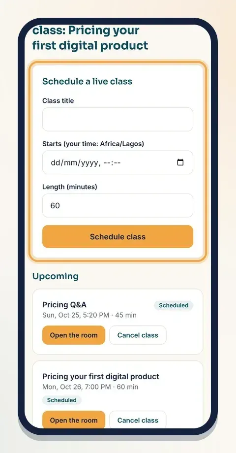 Fill in "Schedule a live class" and tap Schedule class