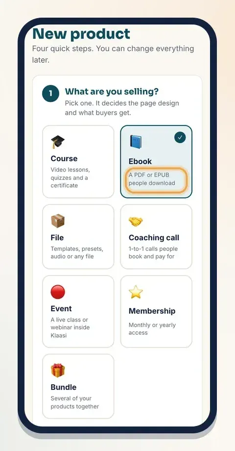 Pick Ebook under "What are you selling?" to start a new ebook