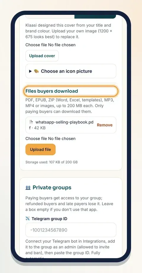Upload your PDF under "Files buyers download" on Selling tools