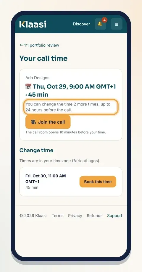 On their call page, buyers can change the time up to 24 hours before