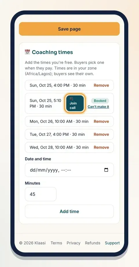 Your Coaching times list shows each booking with a Join call button
