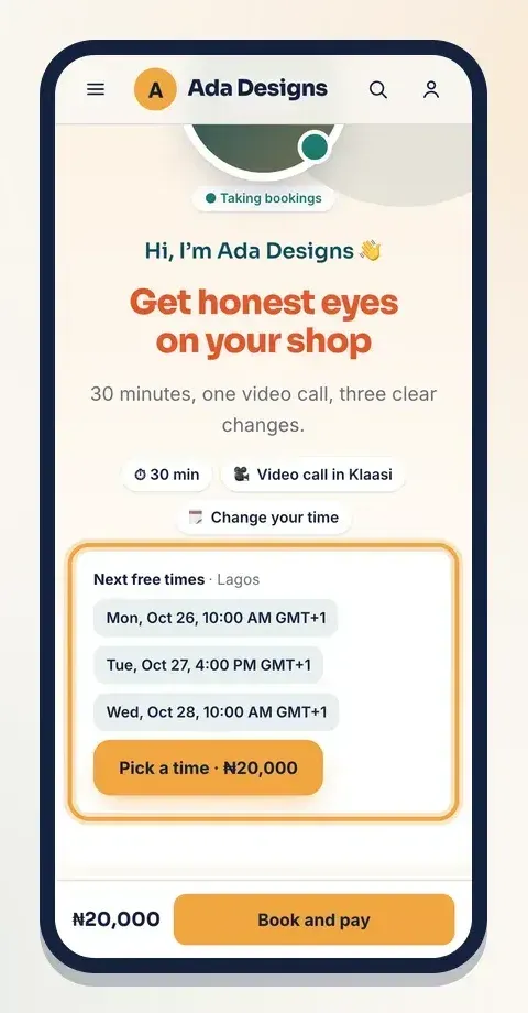 The Coaching page: your photo, "Hi, I'm…" and your next free times