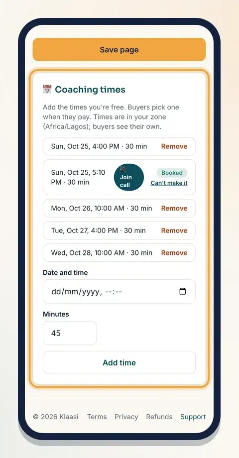 Add your free times under "Coaching times"
