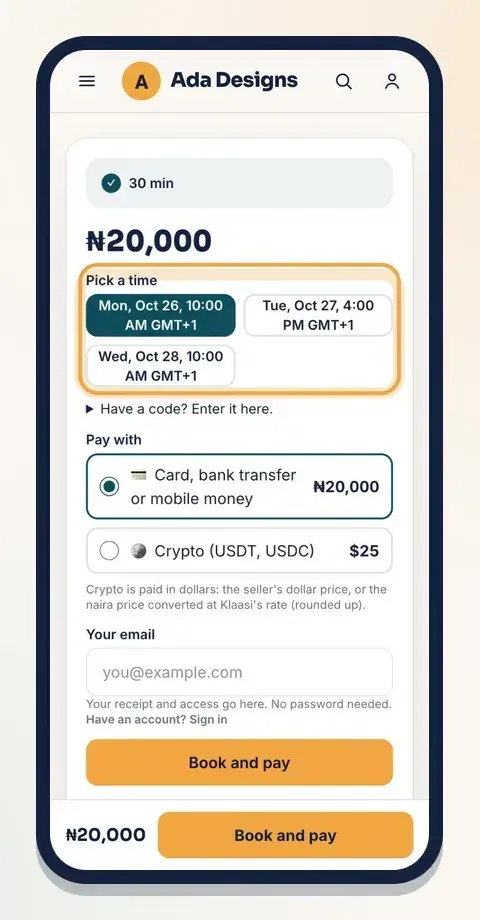 Buyers pick a time in the buy box, then tap Book and pay