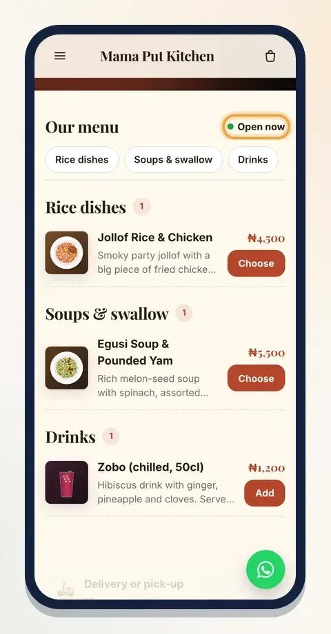 An online menu on a phone: sections as tabs, a picture beside every dish and an Open now sign