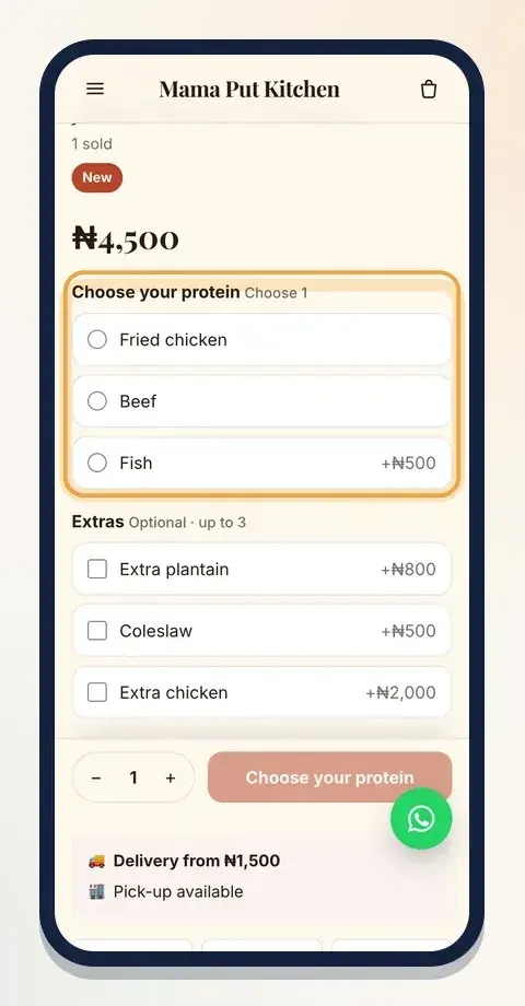 Customers pick a protein and any extras before adding the dish