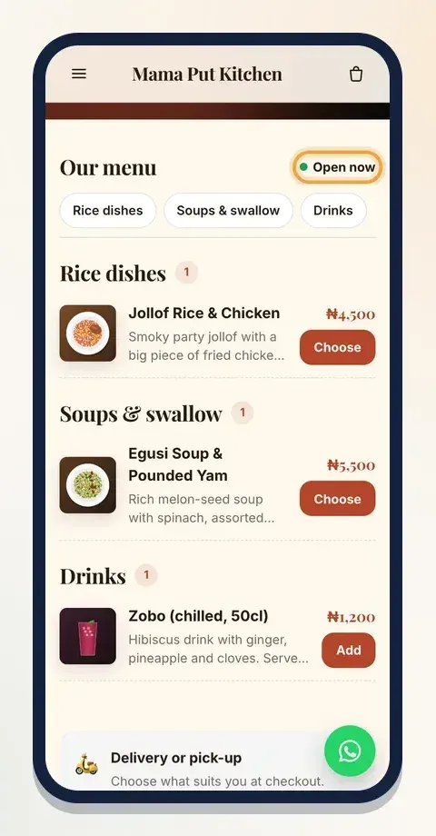 Your menu on a phone, with sections, pictures and an "Open now" sign