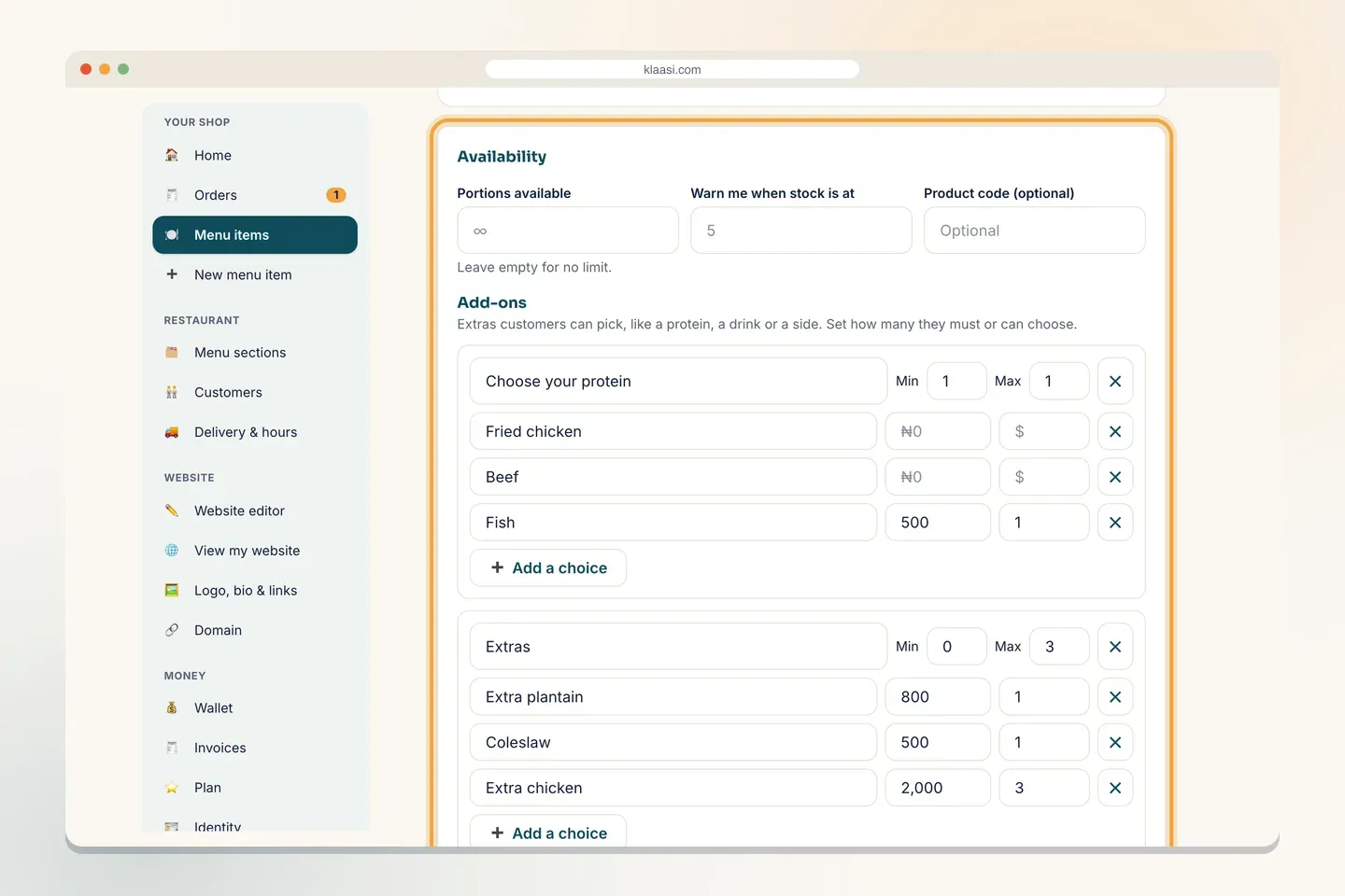 Make a required "Choose your protein" group and an optional "Extras" group