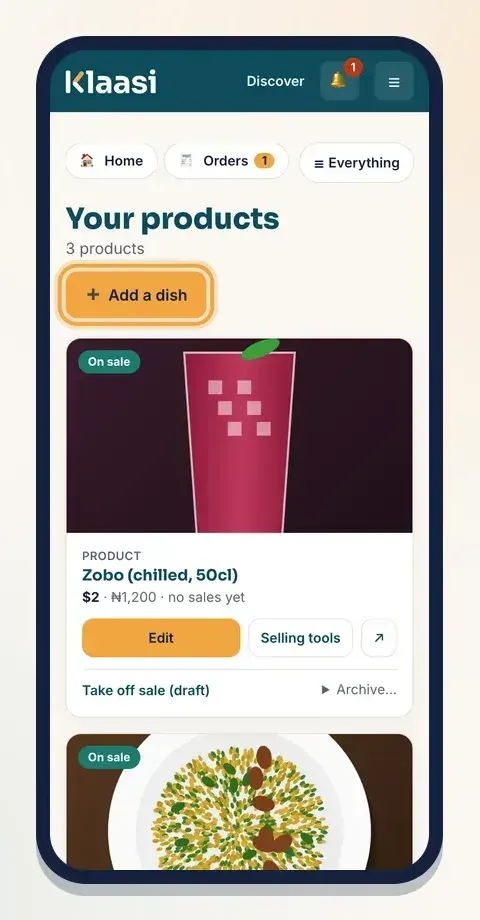 Tap Add a dish to put a new dish on your menu