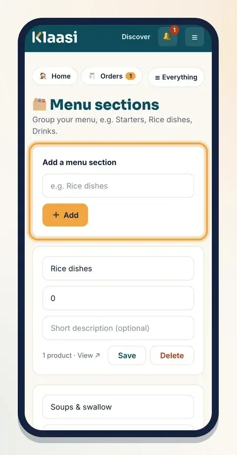 Group your menu into sections like Rice dishes, Soups and Drinks