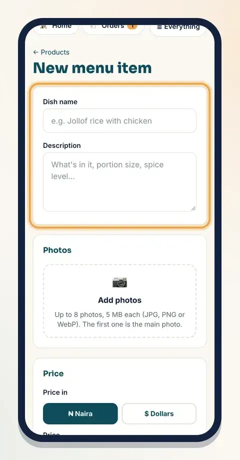 Give the dish a clear name and say what's in it, the portion and the spice level