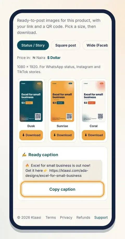 Klaasi makes Story-sized banners for each product, with your price, link, QR code and a caption you can copy
